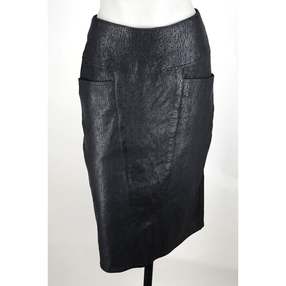 Vintage 1970s 70s Textured Black Leather Midi Pencil Skirt with Pockets XS